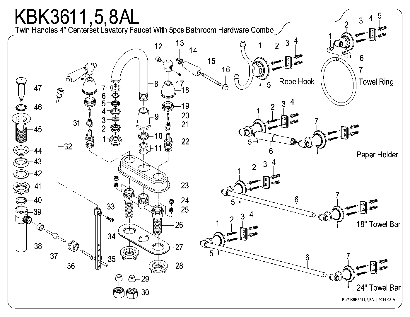 Kingston Brass KBK3611AL exploded parts diagram