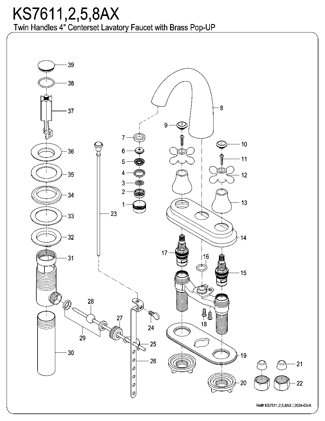 English Vintage KS7611AX exploded parts diagram