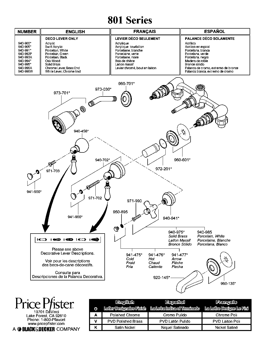 Pfister 3-Handle Tub & Shower Trim Kit parts diagram