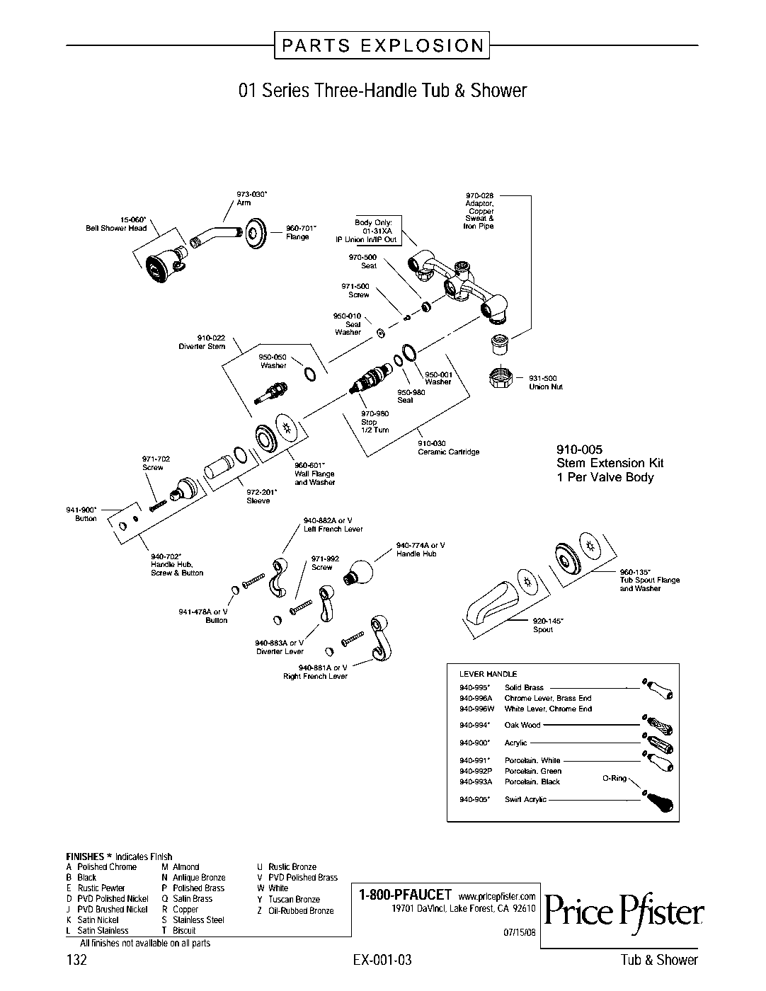 Avalon 3-Handle Tub & Shower Trim Kit parts diagram