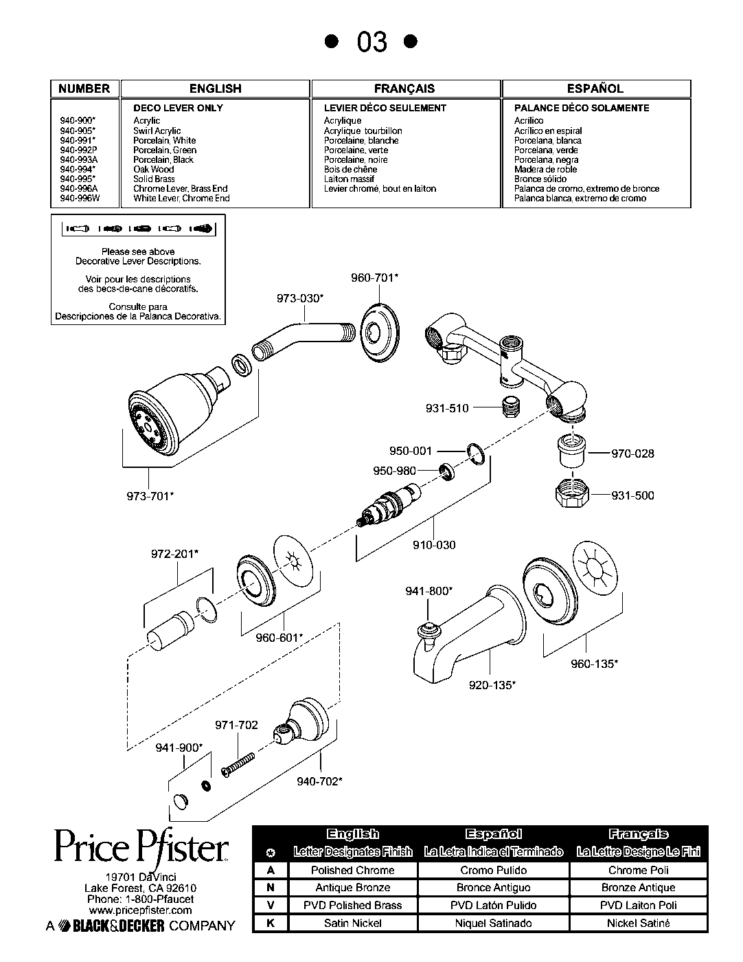 Pfister 2-Handle Tub & Shower Trim Kit parts diagram