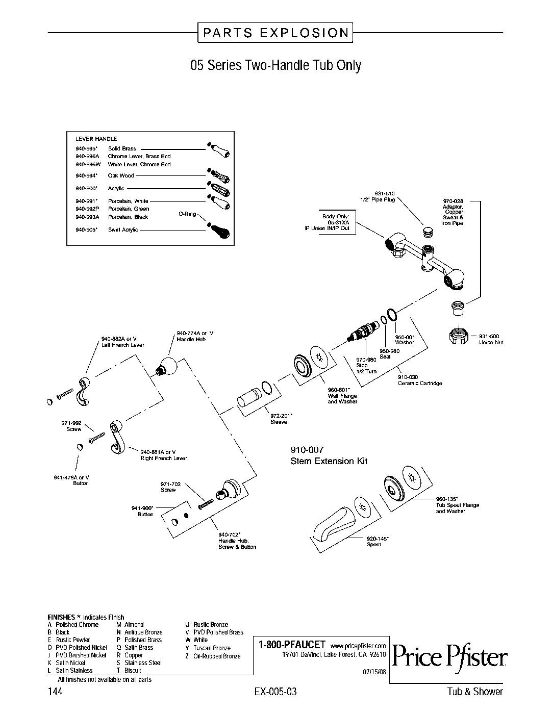 Pfister 2-Handle Tub Only Trim Kit parts diagram