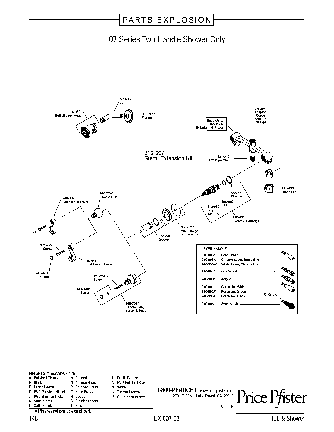 Pfister 2-Handle Shower Only Trim Kit parts diagram