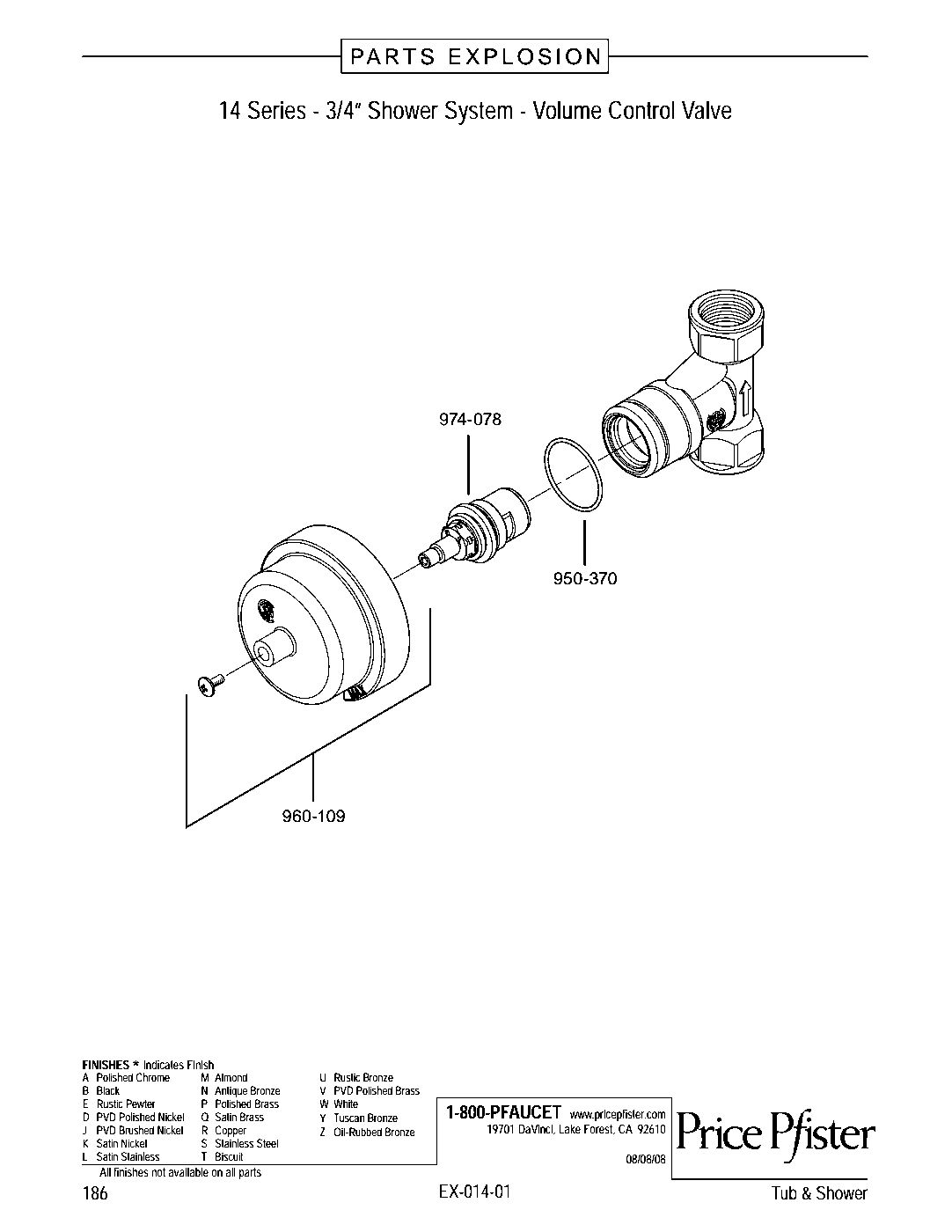 Pfister 3/4" Tub & Shower Volume Control Rough-In Valve parts diagram