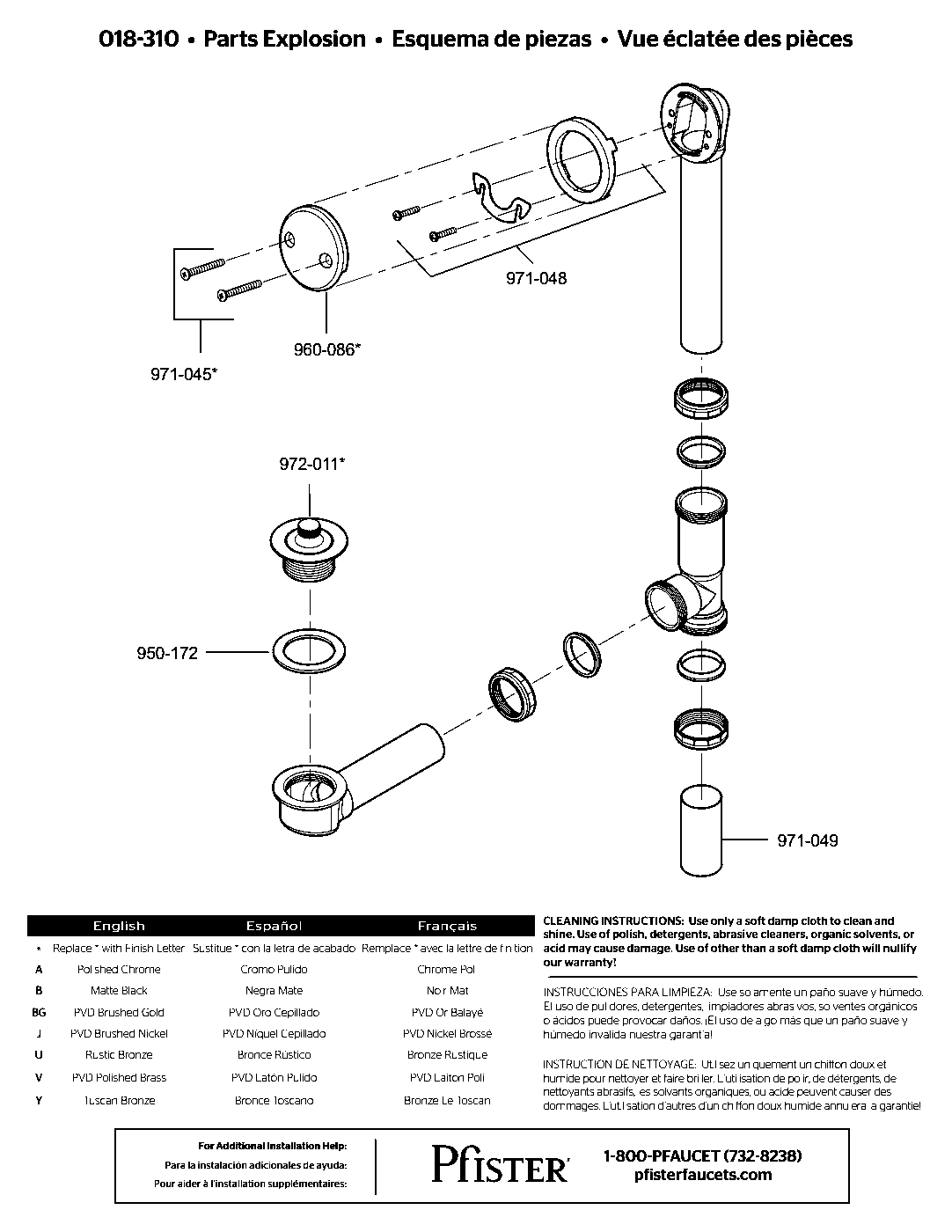 Pfister Waste & Overflow exploded parts diagram