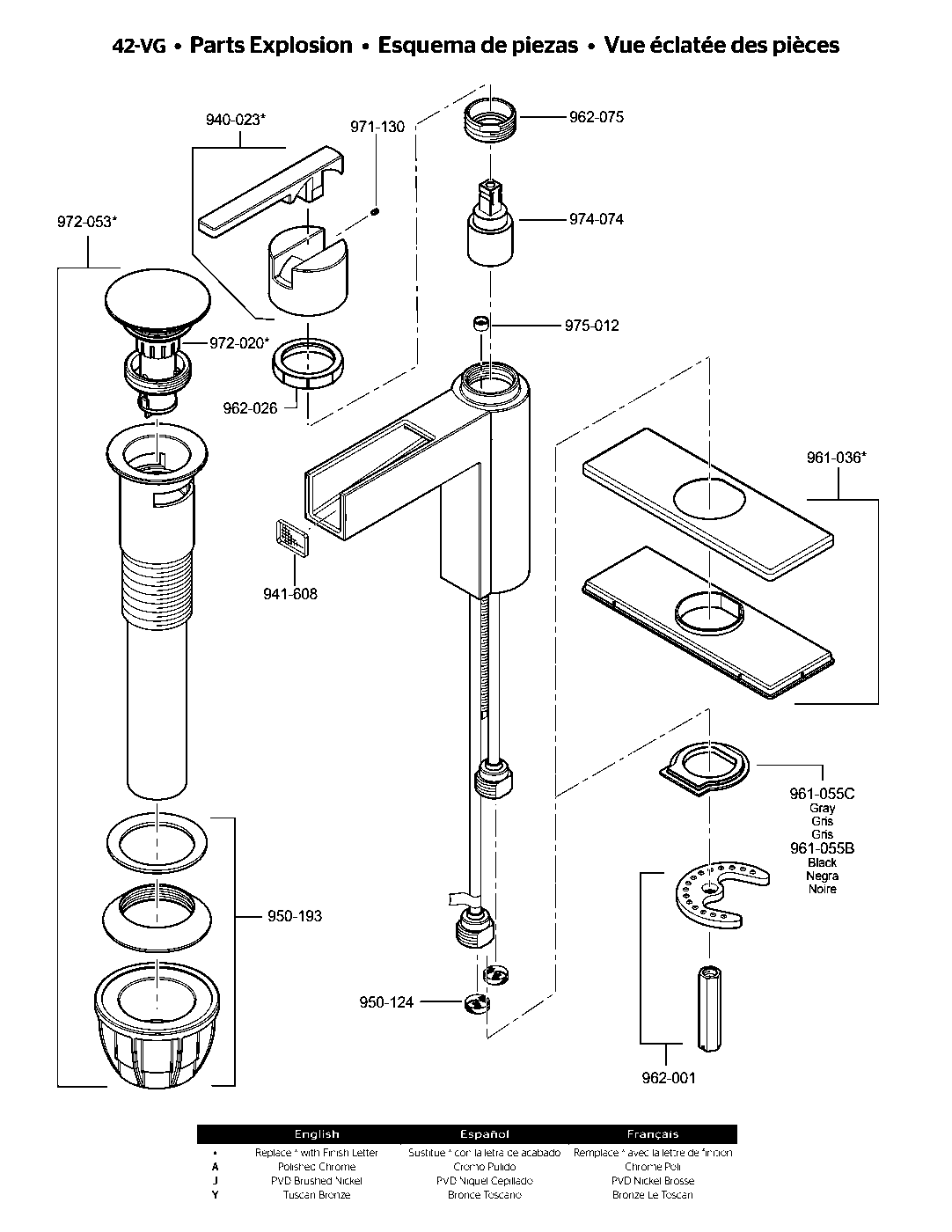 Vega Single Control Bathroom Faucet parts diagram