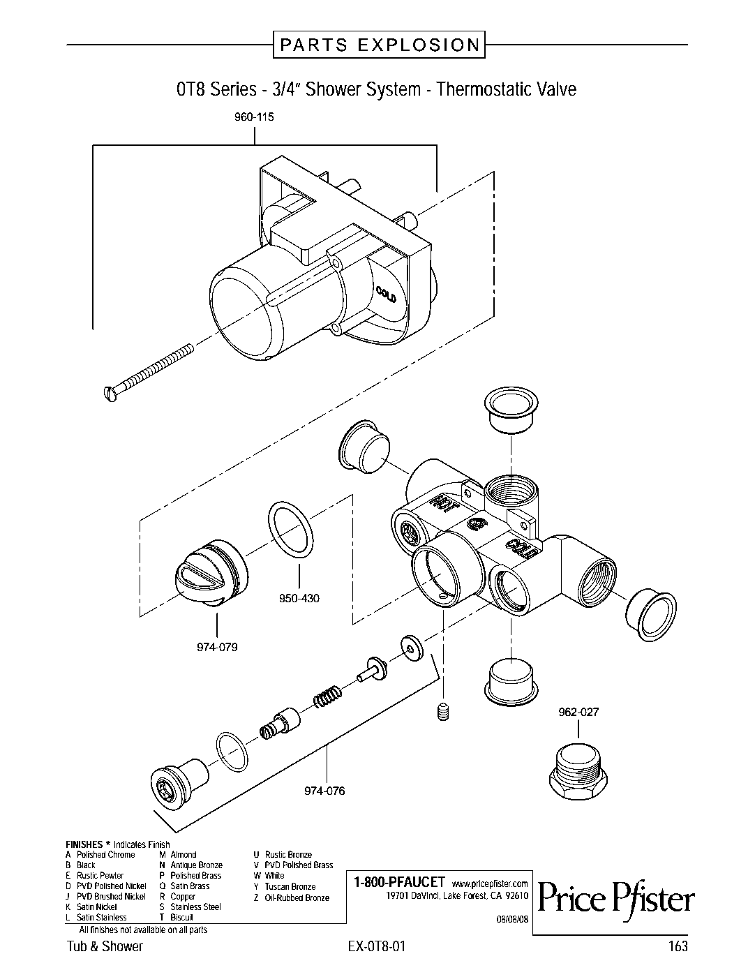 Pfister 3/4" Tub & Shower Control Rough-In Valve with Plug parts diagram