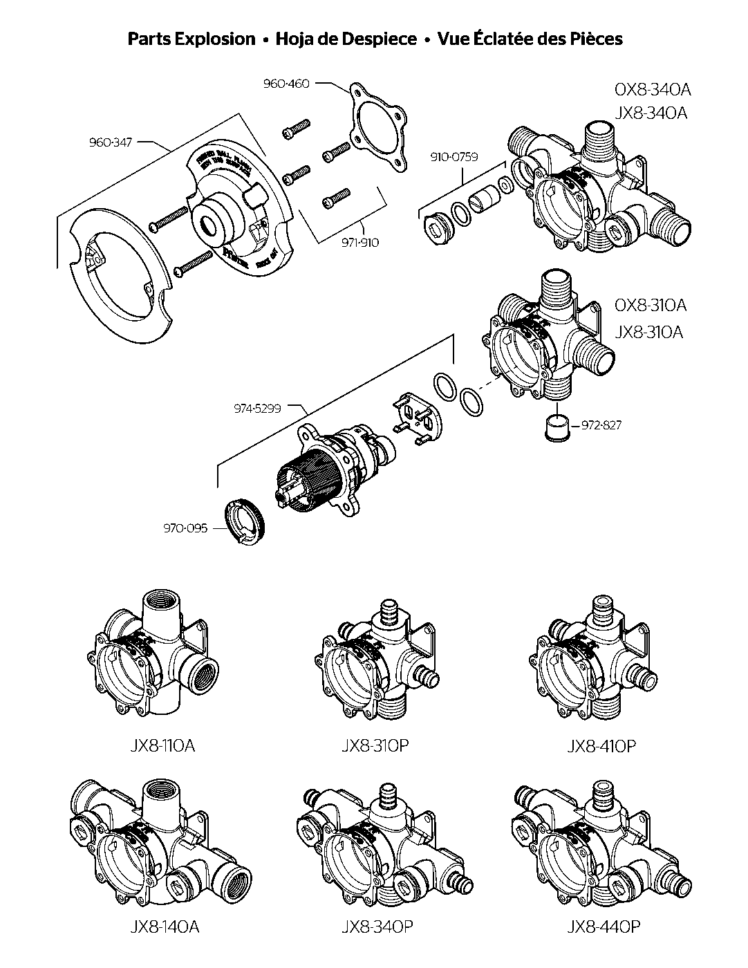 0X8 Valve 0X8 Series Tub & Shower Rough-In Valve exploded parts diagram