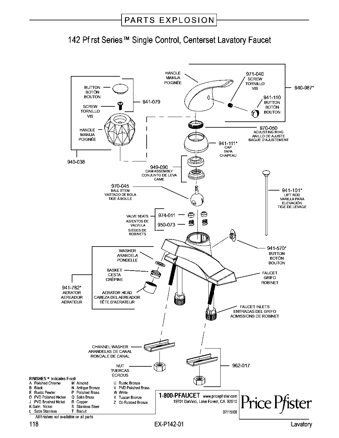 Pfirst Series 1-Handle 4" Centerset Bathroom Faucet parts diagram
