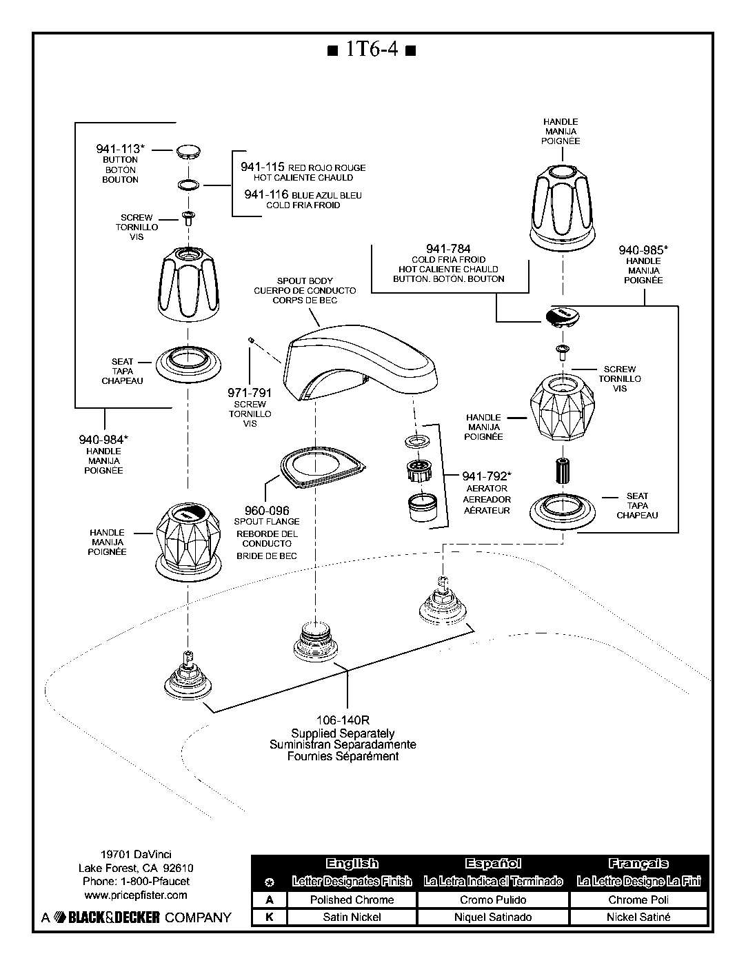 Pfirst Series 2-Handle Roman Tub Trim Kit parts diagram