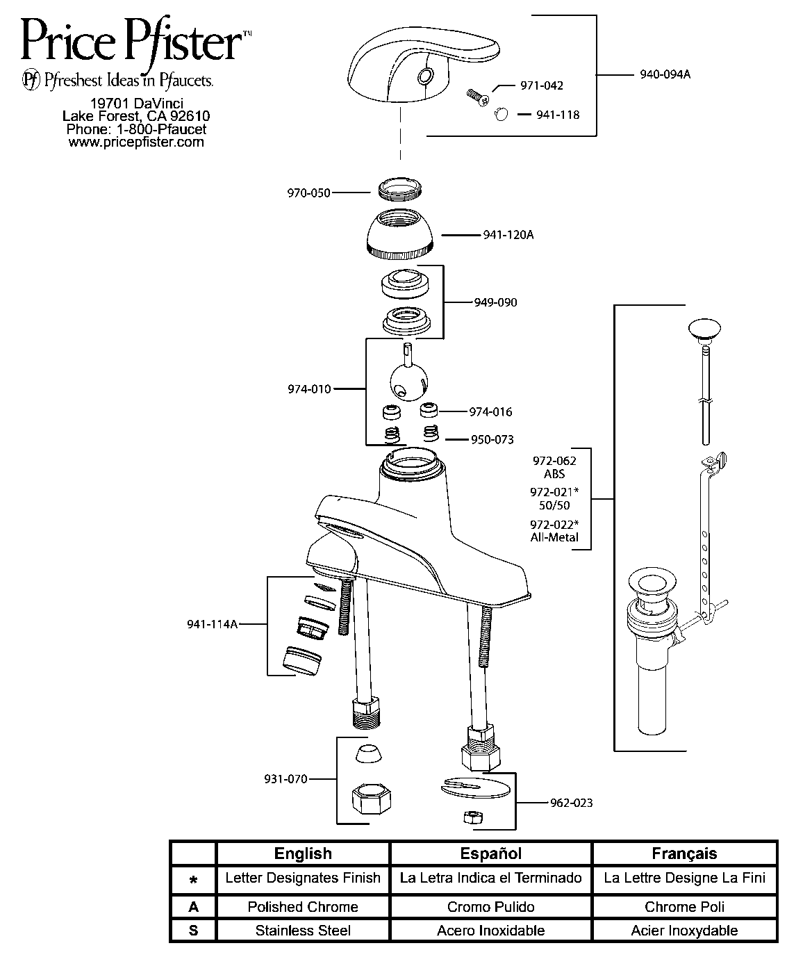Classic Single Control Bathroom Faucet parts diagram