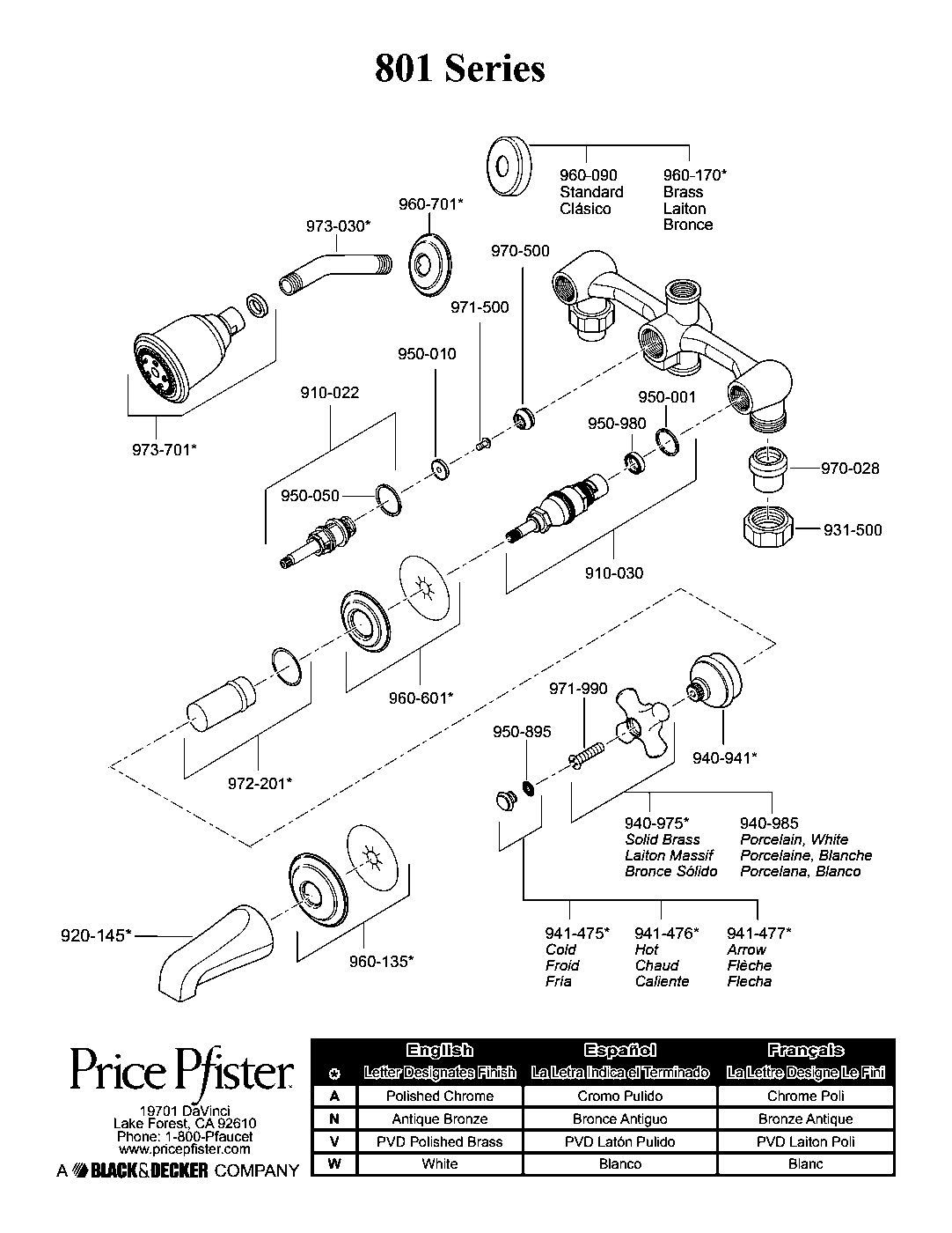 Savannah 3-Handle Tub & Shower Faucet parts diagram