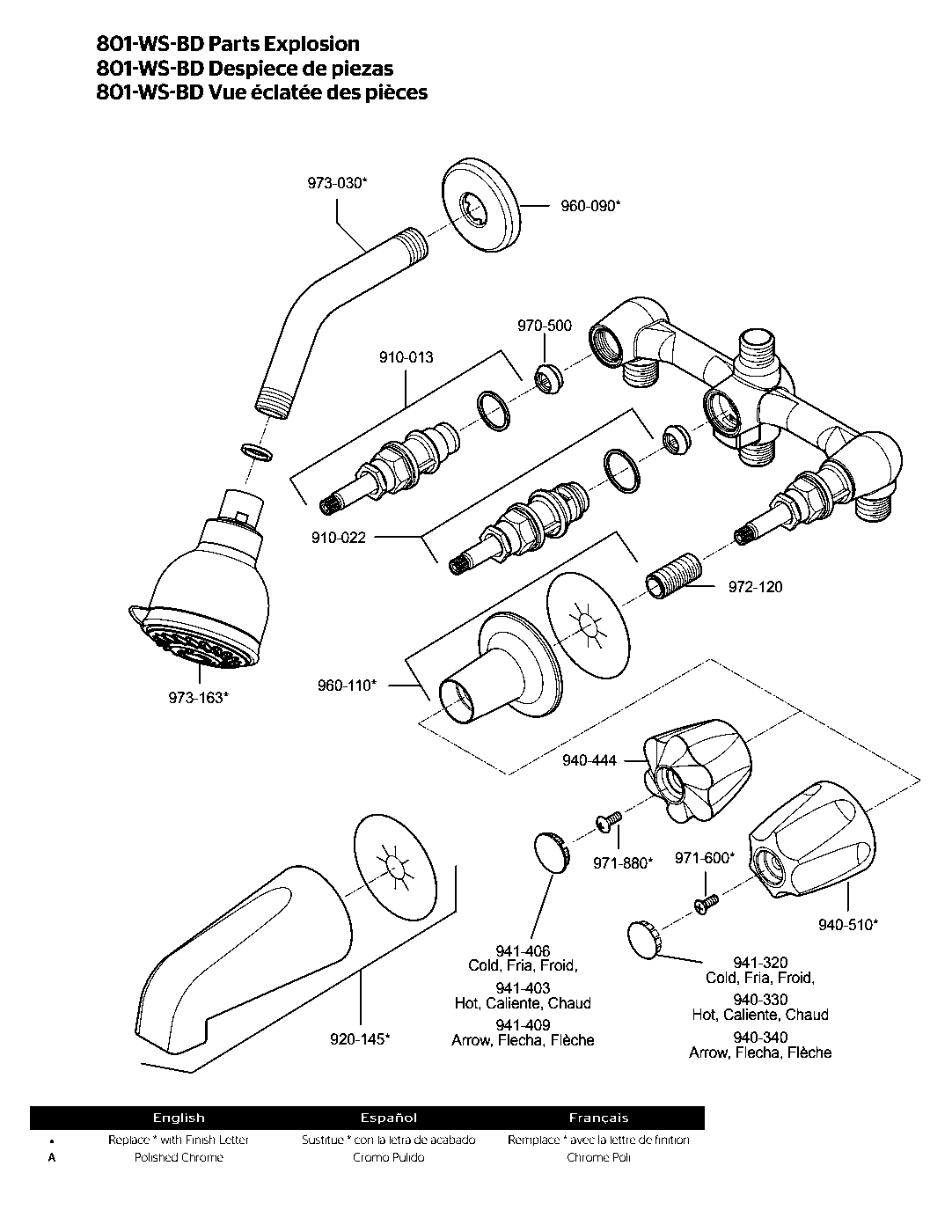 Bedford 3-Handle Tub & Shower Trim with Valve parts diagram
