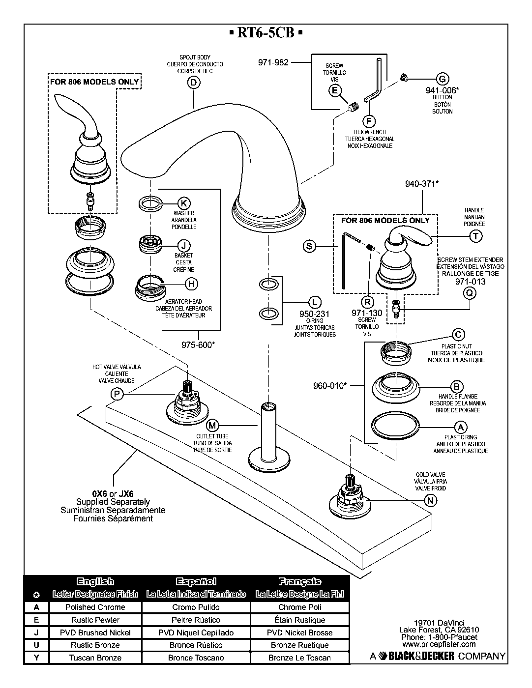Avalon 2-Handle Roman Tub with Valve parts diagram