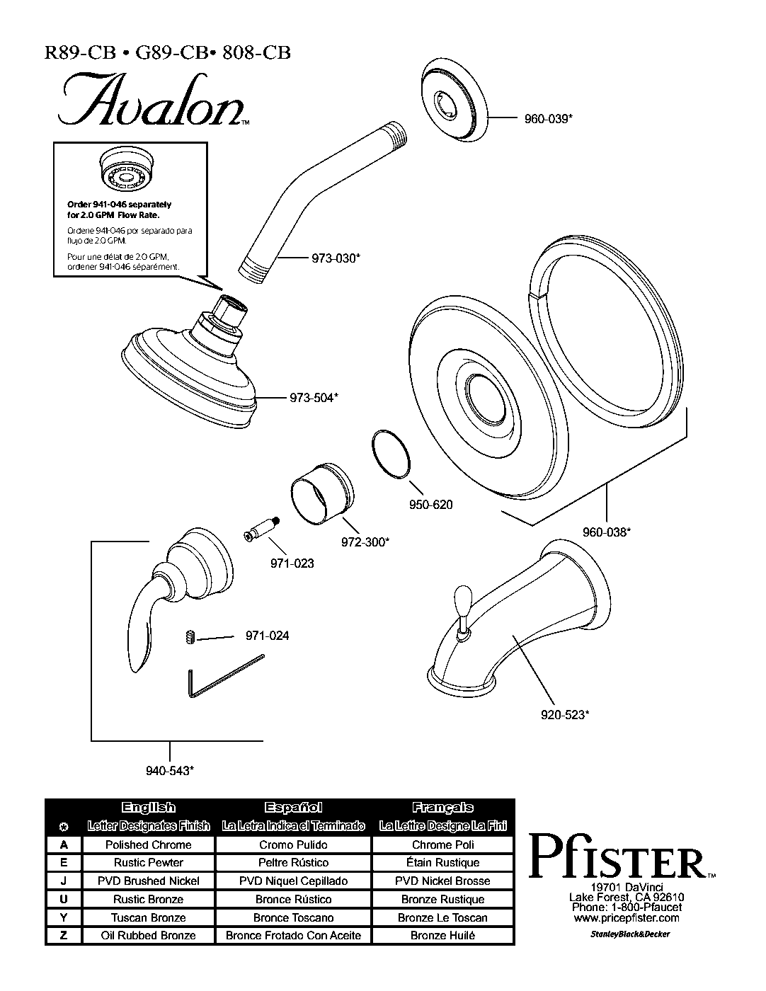 Avalon 1-Handle Tub & Shower Trim with Valve parts diagram