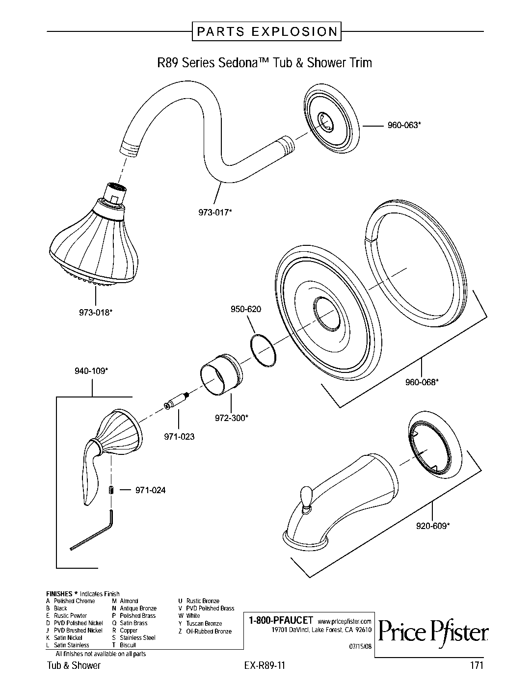Sedona 1-Handle Tub & Shower Trim with Valve parts diagram