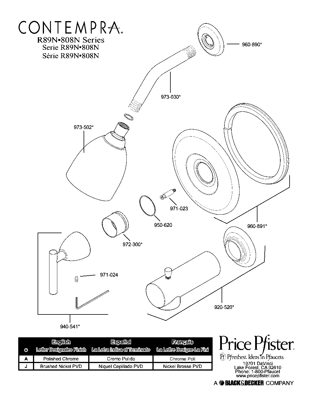 Contempra 1-Handle Tub & Shower Trim Kit parts diagram