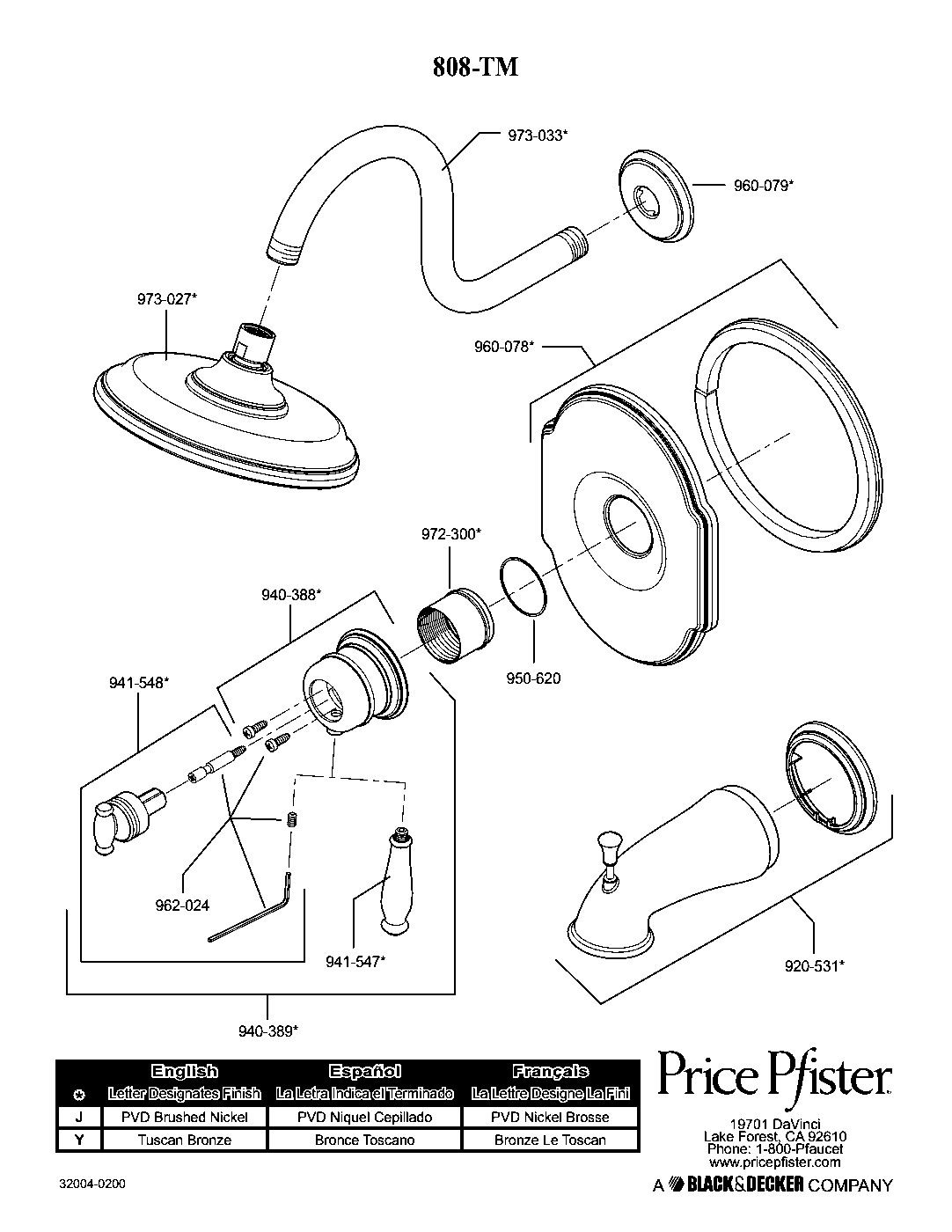 Hanover 1-Handle Tub & Shower Trim with Valve parts diagram