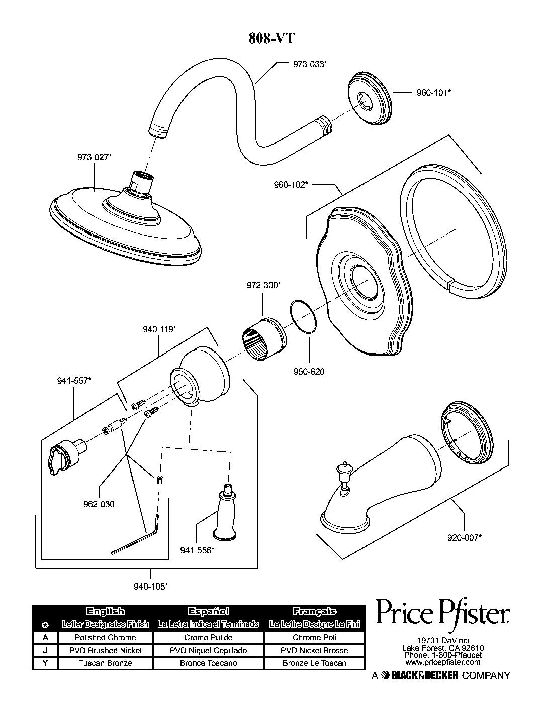 Virtue 1-Handle Tub & Shower Trim with Valve parts diagram