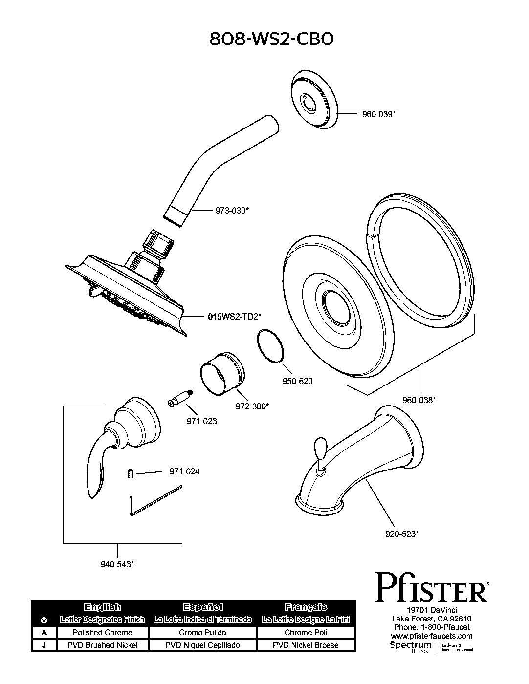 Avalon 1-Handle Tub & Shower Trim with Valve parts diagram