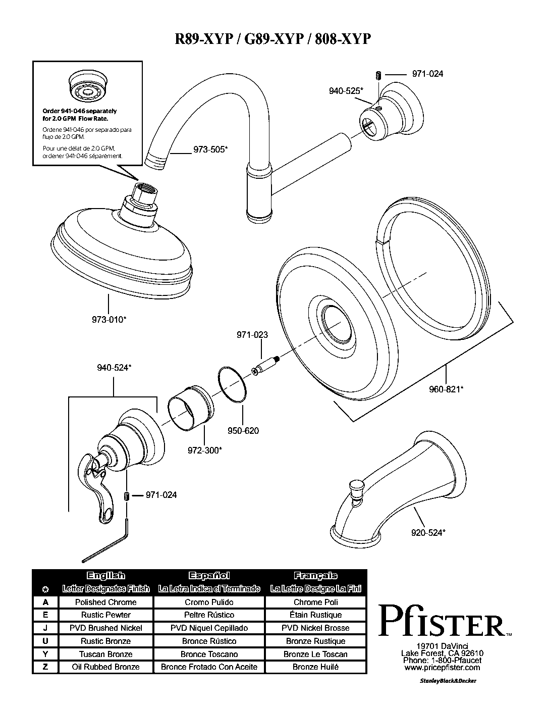 Ashfield 1-Handle Tub & Shower Trim with Valve parts diagram