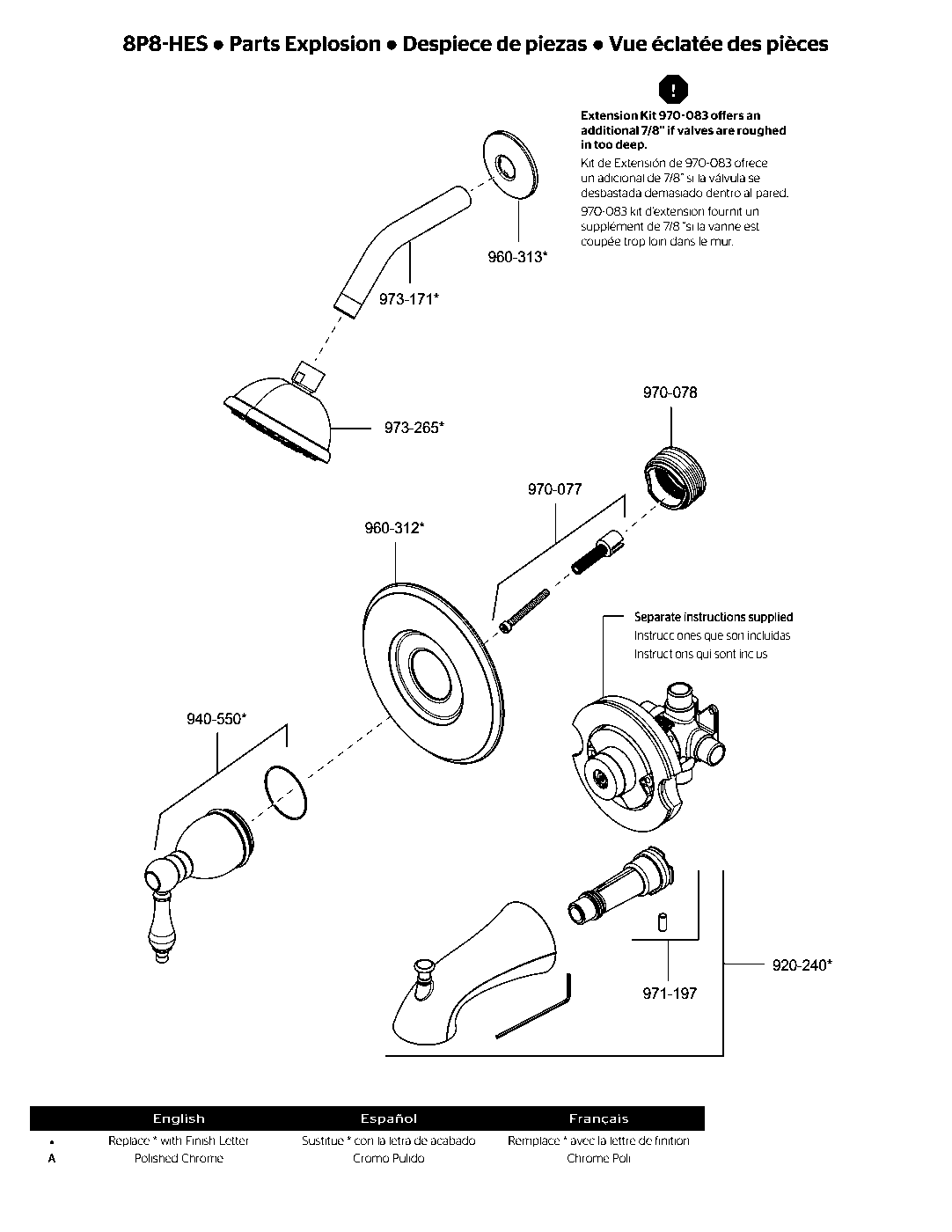 Henlow 1-Handle Tub & Shower Trim with Valve parts diagram