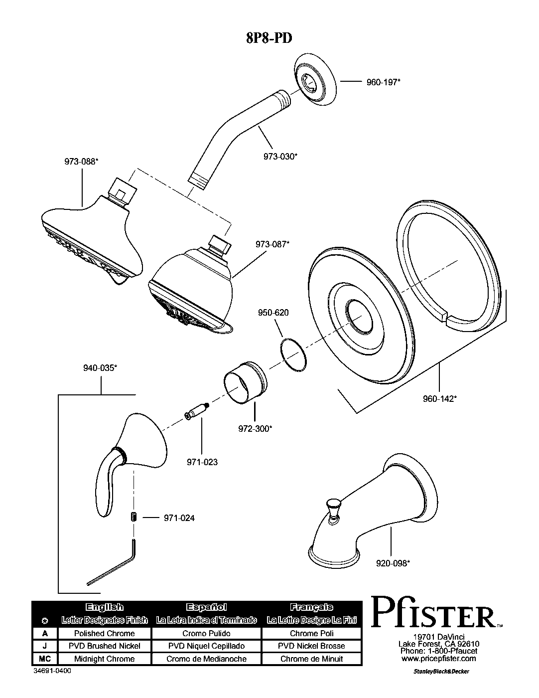 Pasadena 1-Handle Tub & Shower Trim with Valve parts diagram