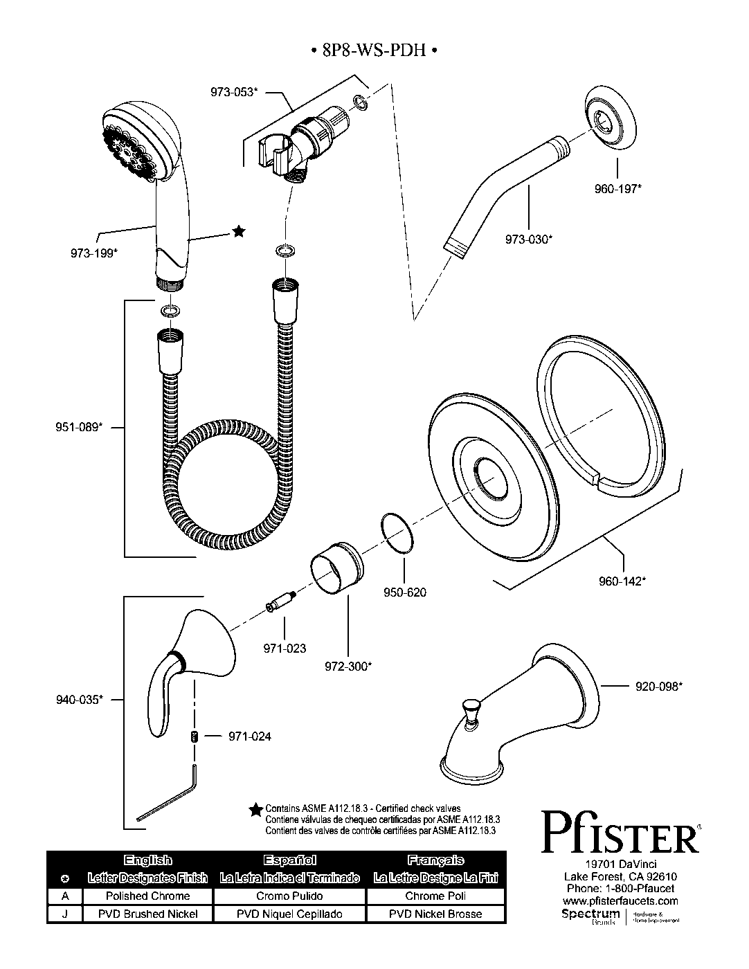 Pasadena 1-Handle Tub & Shower Trim with Valve parts diagram