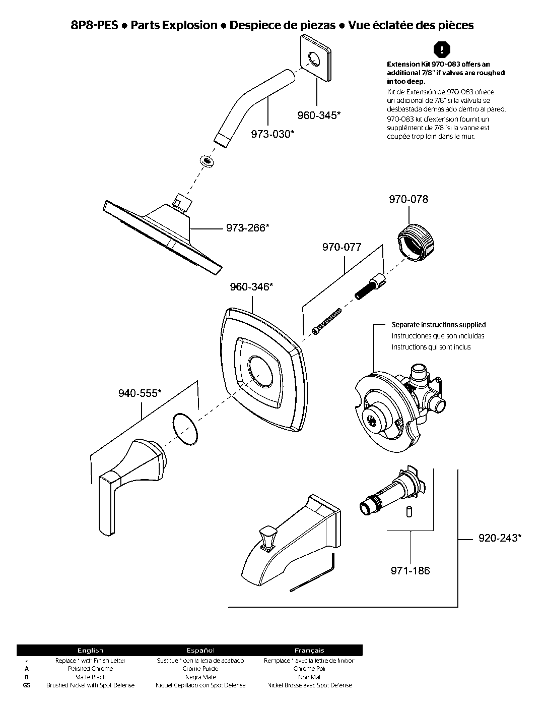 Penn 1-Handle Tub & Shower Trim with Valve parts diagram