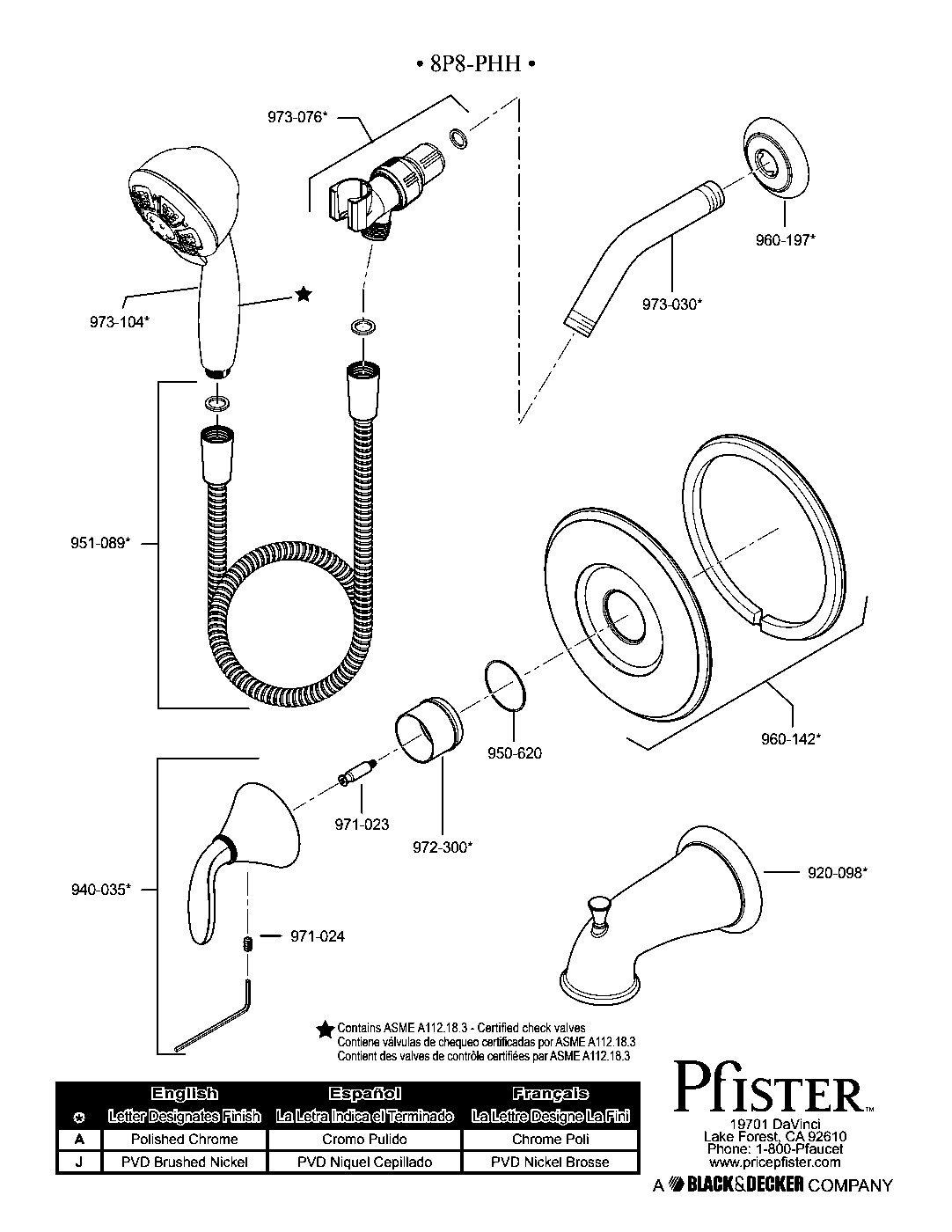 Pasadena 1-Handle Tub & Shower Trim with Valve parts diagram