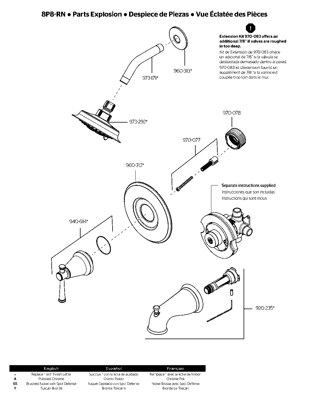 Renato 1-Handle Tub & Shower Trim with Valve parts diagram