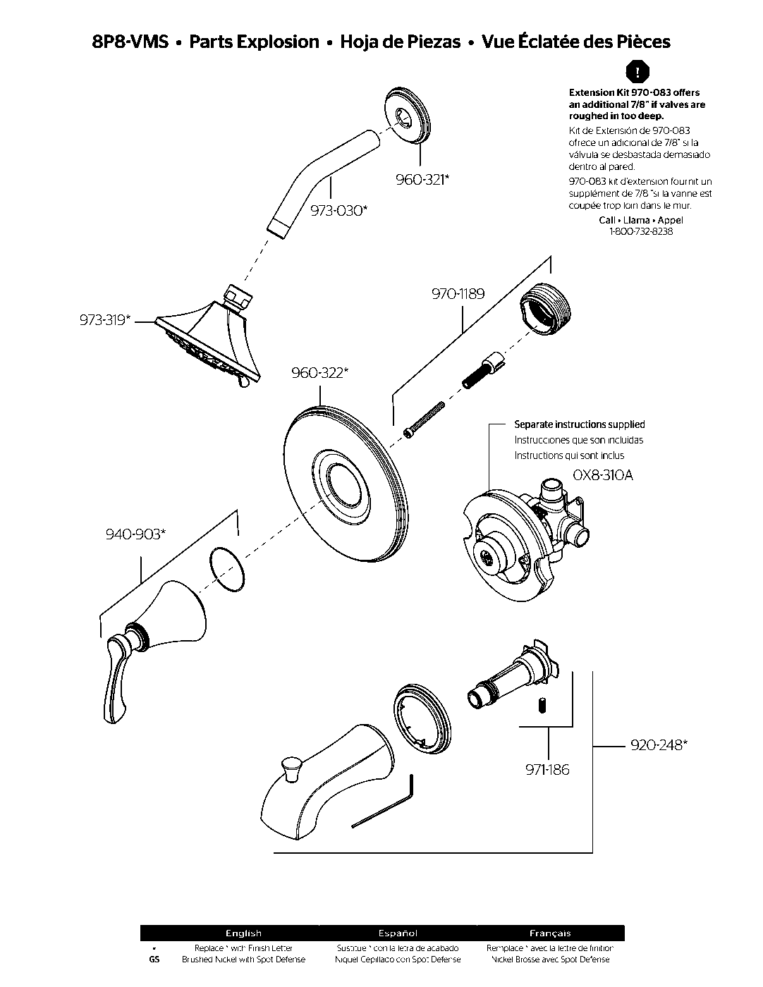 Vermillion 1-Handle Tub & Shower Trim parts diagram