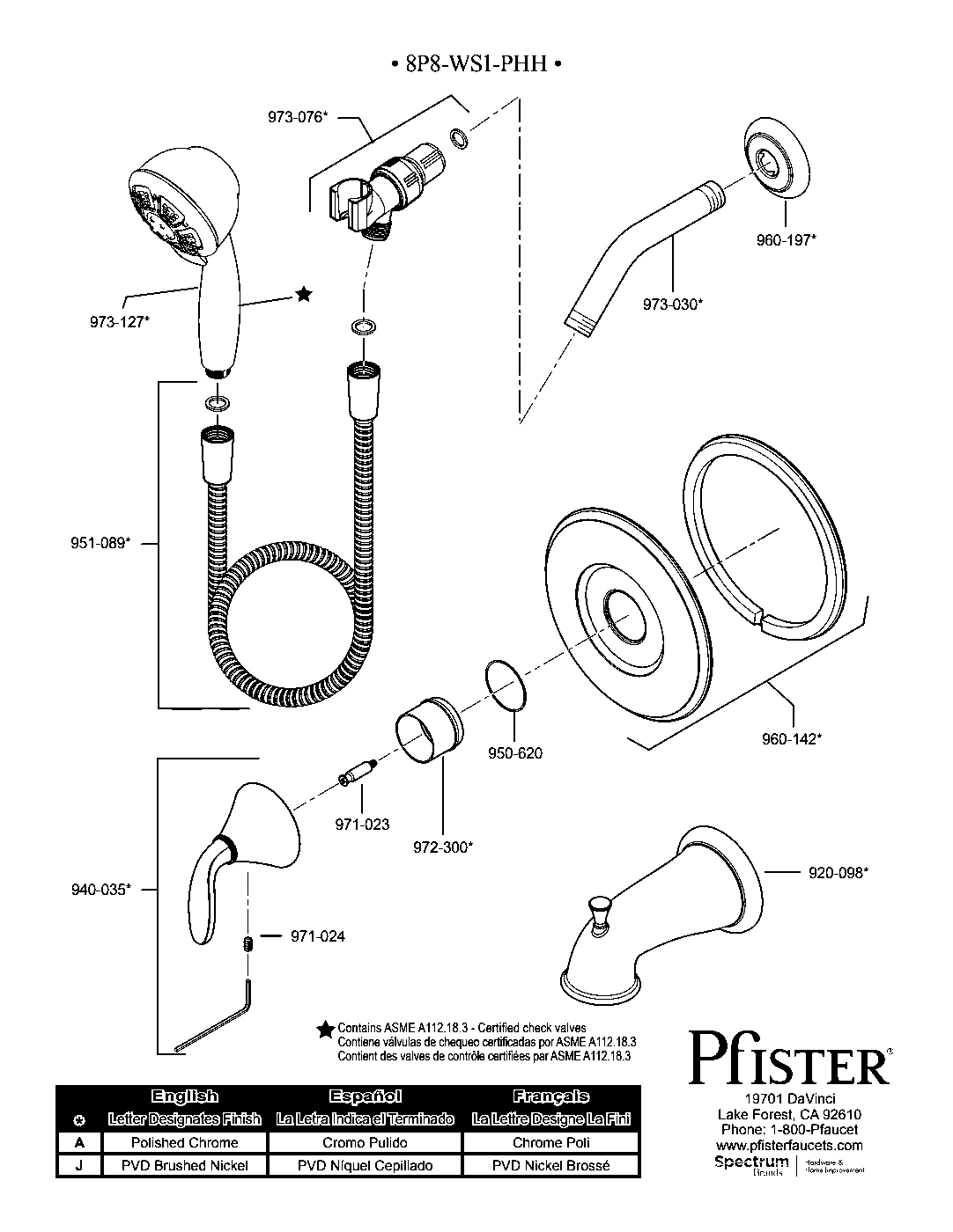 Pasadena 1-Handle Tub & Shower Trim with Valve parts diagram