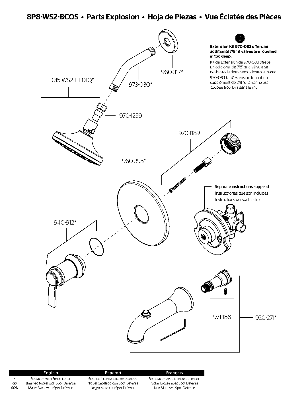 Briscoe 1-Handle Tub & Shower Trim parts diagram