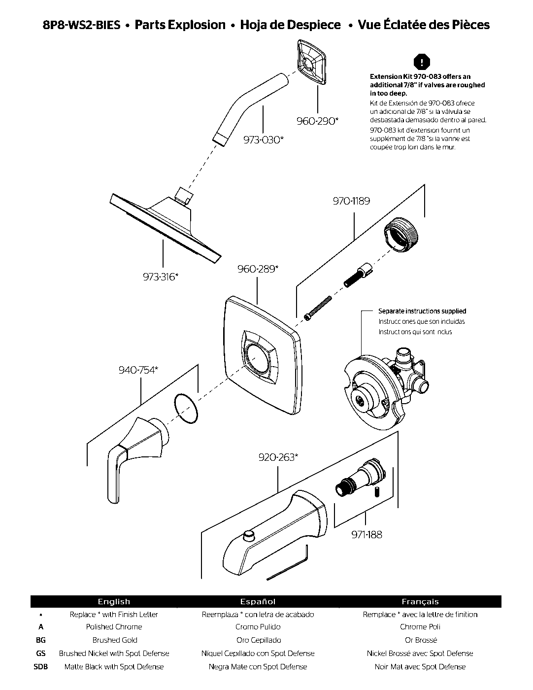 Bruxie 1-Handle Tub & Shower Trim parts diagram