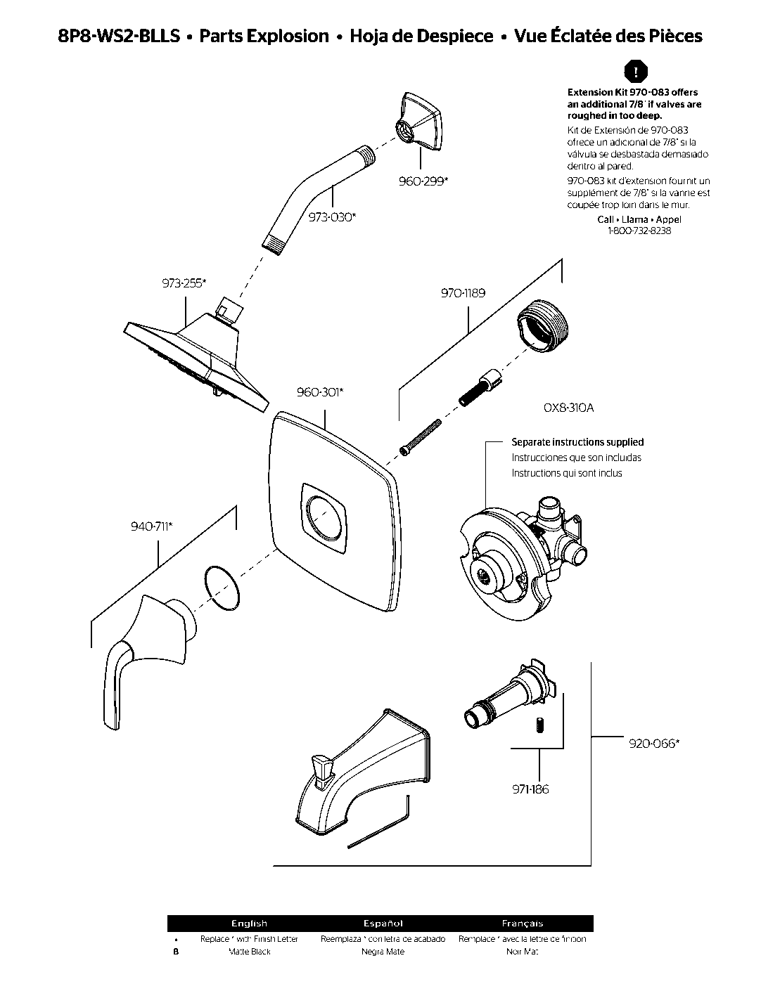 Bellance 1-Handle Tub & Shower Trim with Valve parts diagram