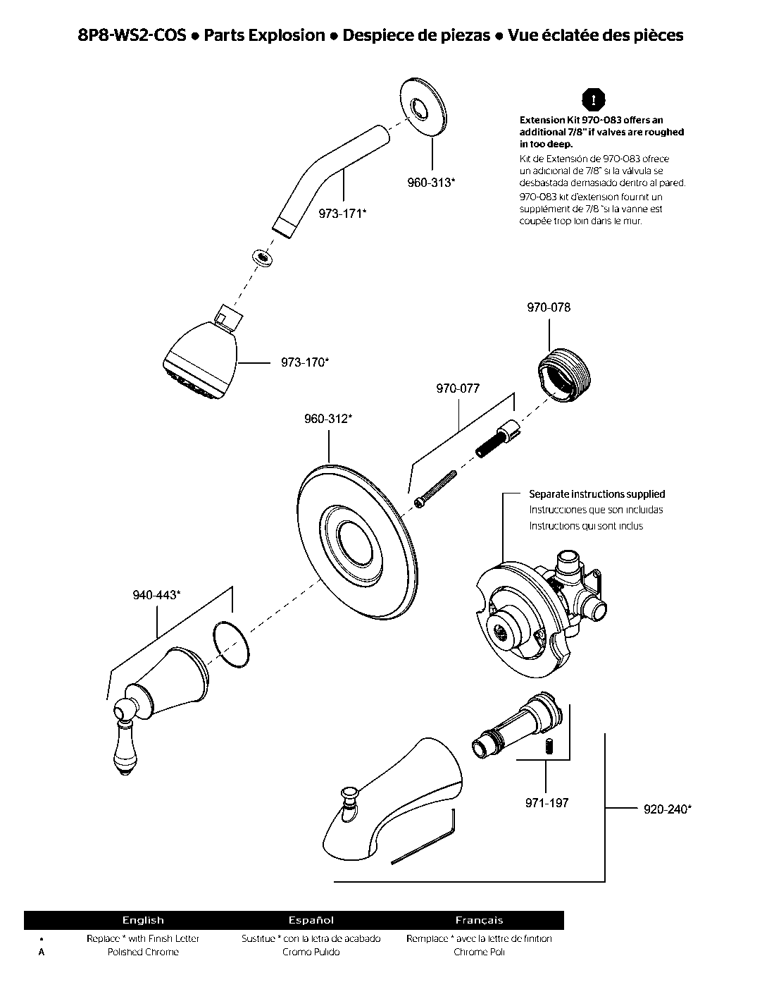 Courant 1-Handle Tub & Shower Trim with Valve parts diagram