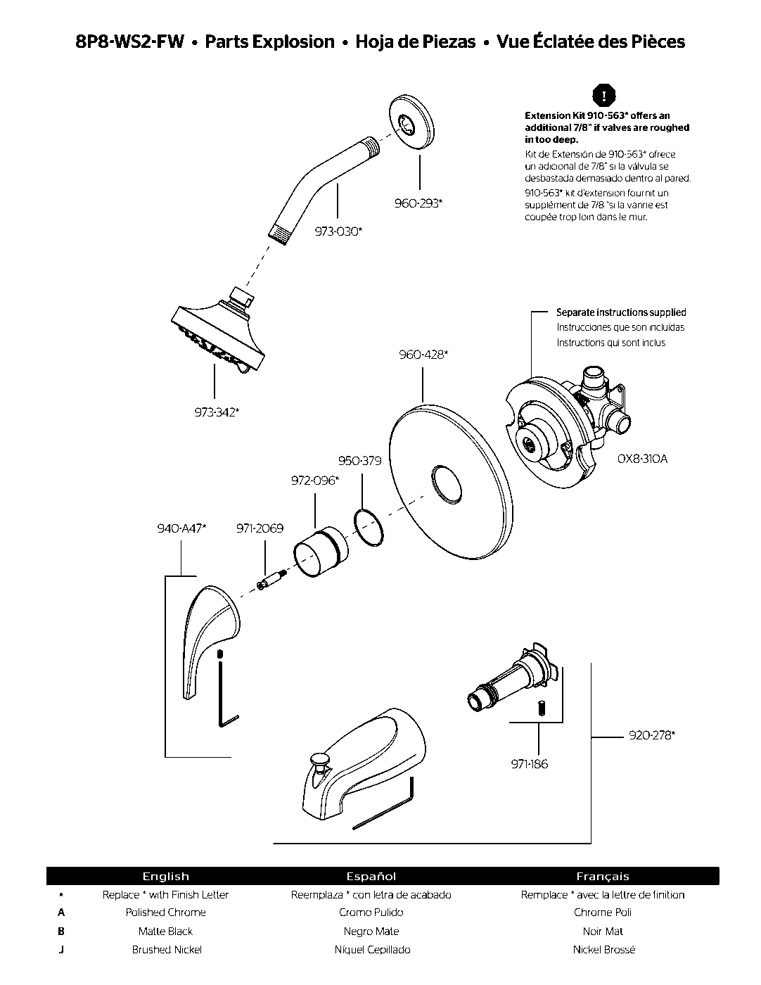Framework Series 1-Handle Tub & Shower Trim Kit parts diagram