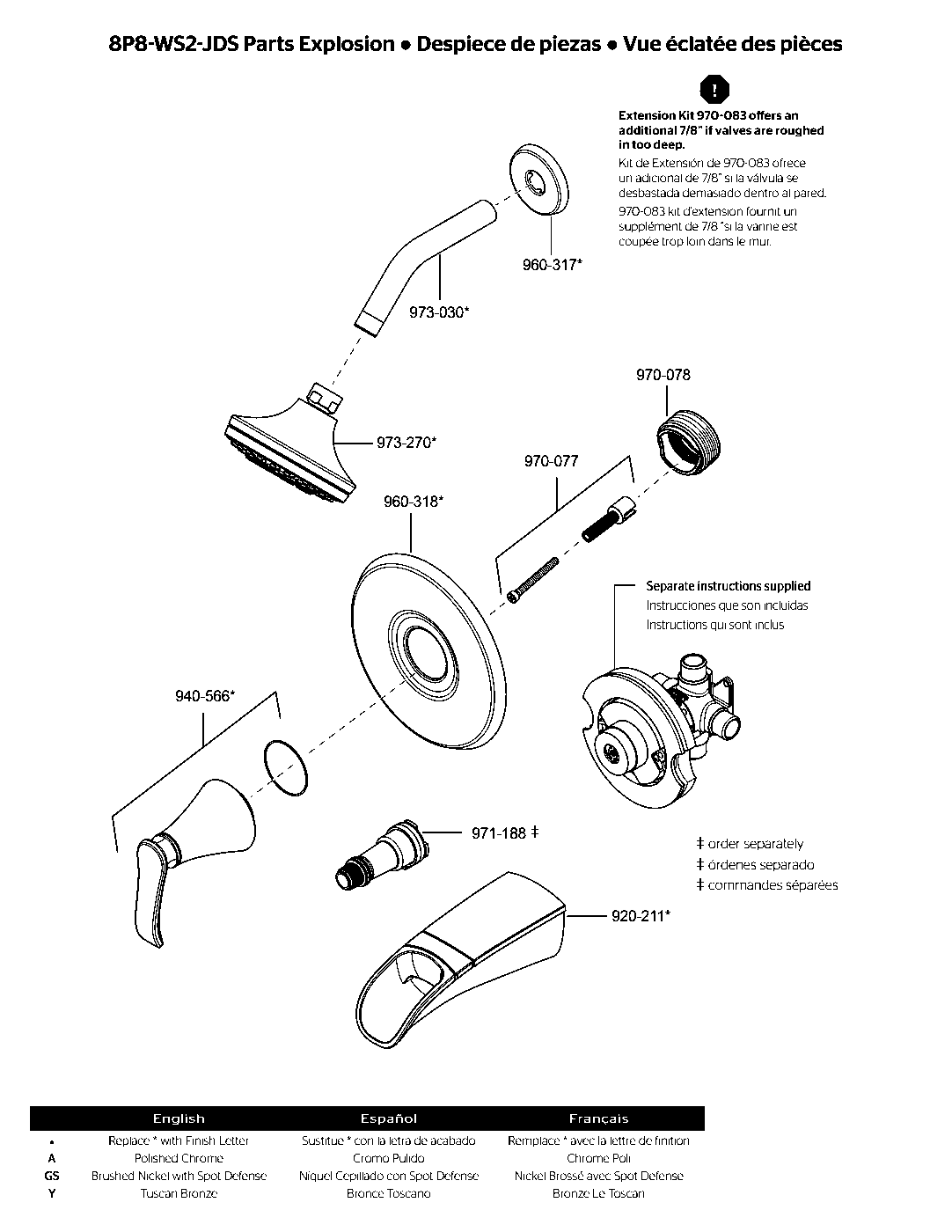 Jaida 1-Handle Tub & Shower Trim with Valve parts diagram