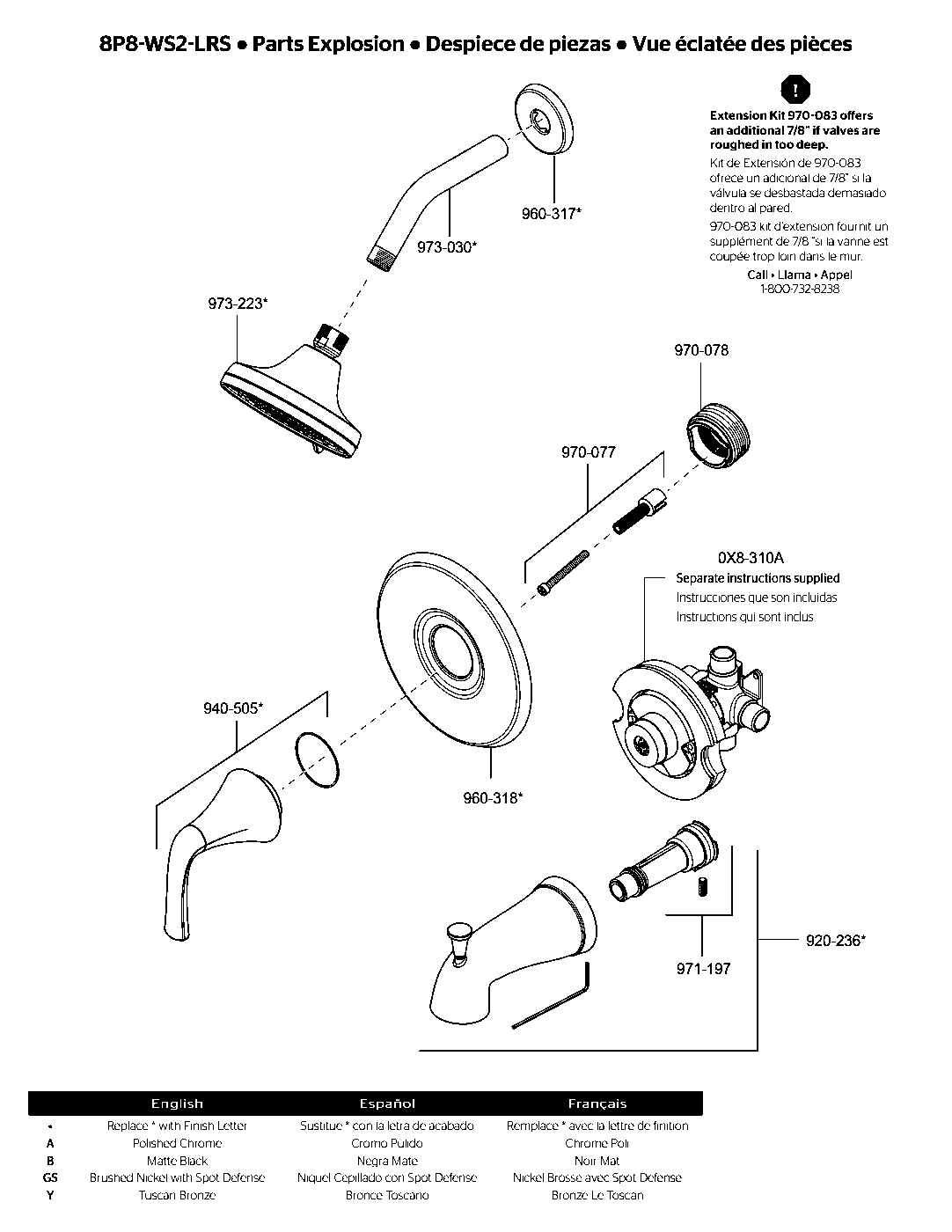 Ladera 1-Handle Tub & Shower Trim with Valve parts diagram