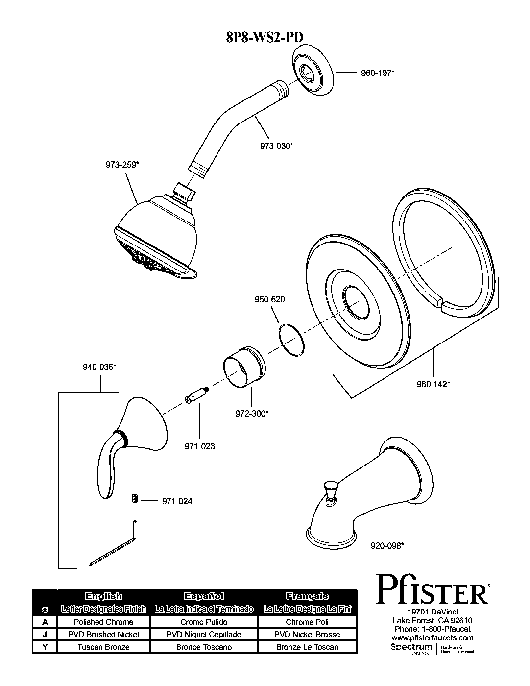 Pasadena 1-Handle Tub & Shower Trim with Valve parts diagram