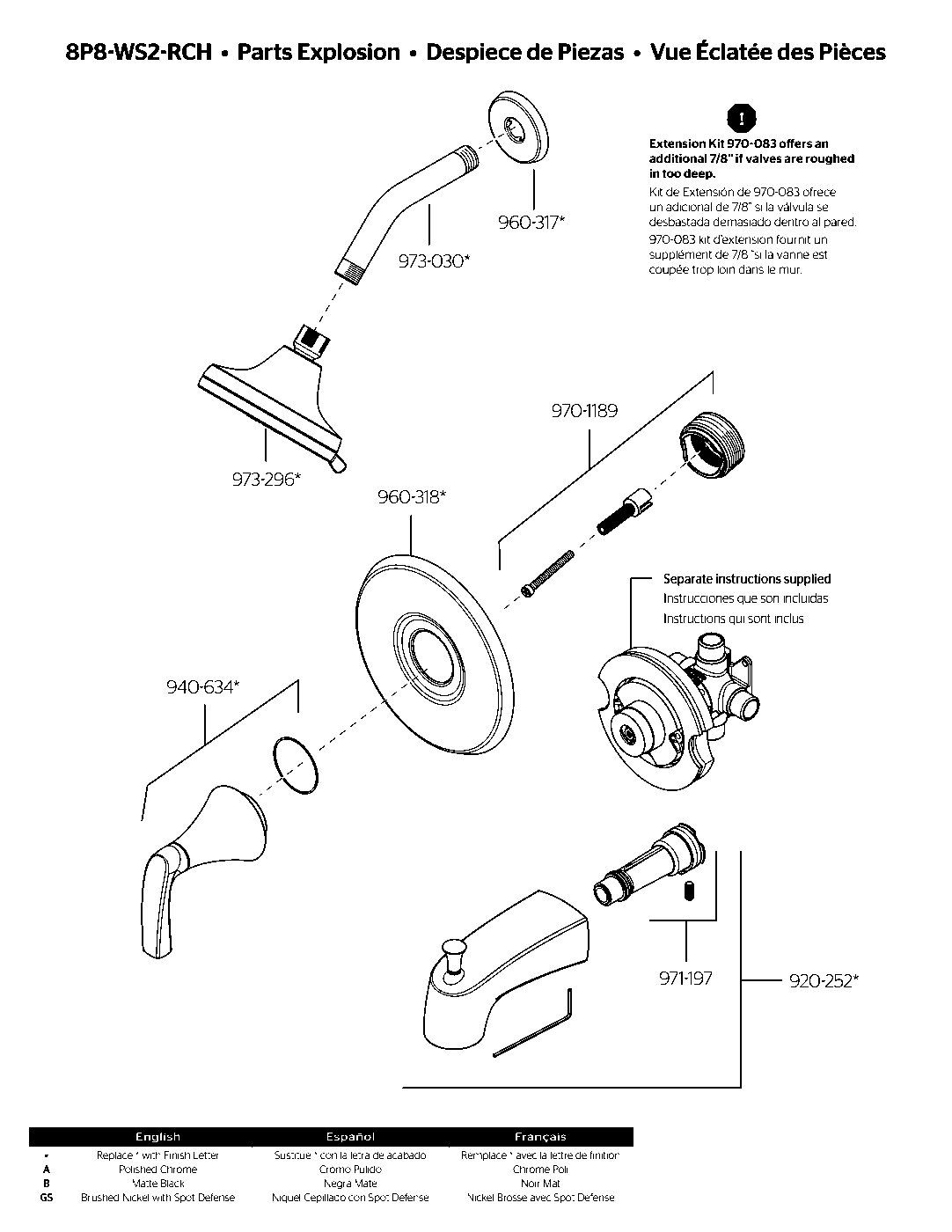 Rancho 1-Handle Tub & Shower Trim with Valve parts diagram