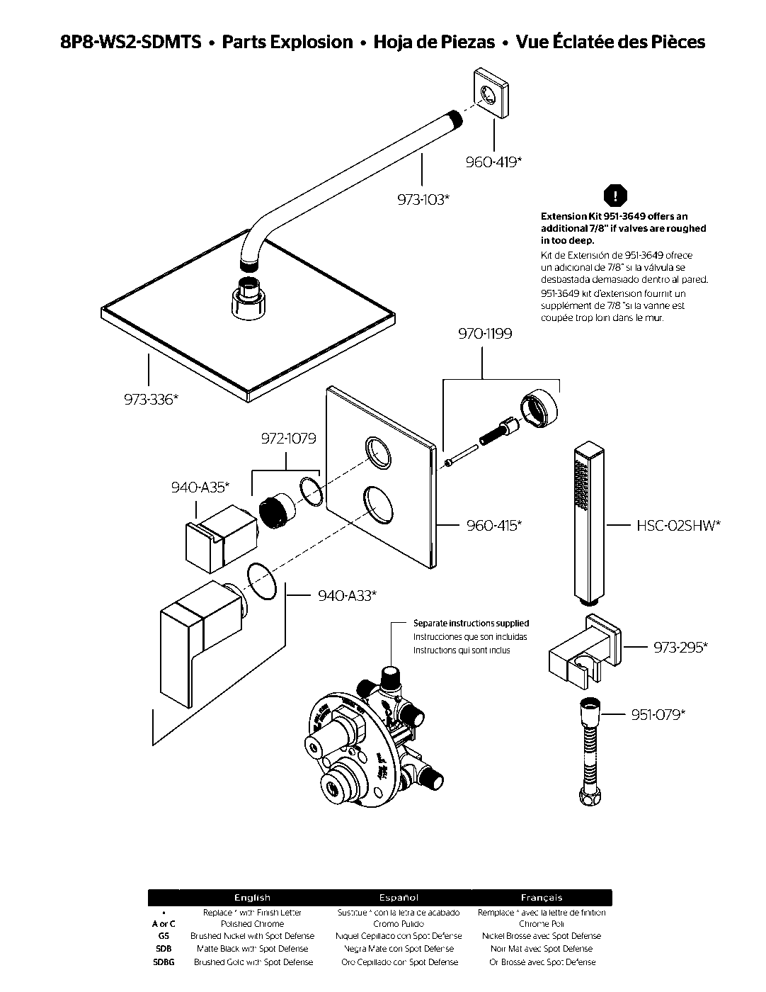 Dumont 1-Handle Tub & Shower Trim parts diagram