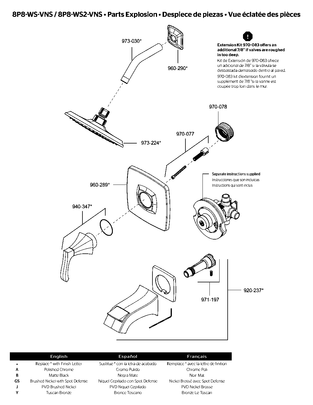 Venturi 1-Handle Tub & Shower Trim with Valve parts diagram