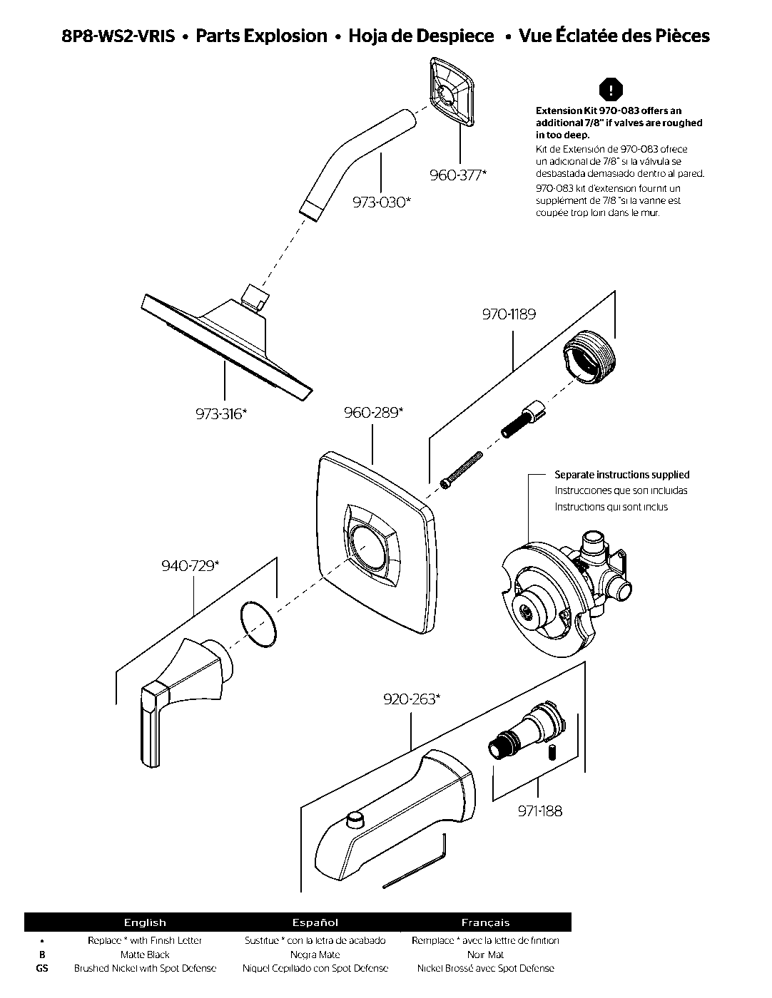 Vaneri 1-Handle Tub & Shower Trim parts diagram