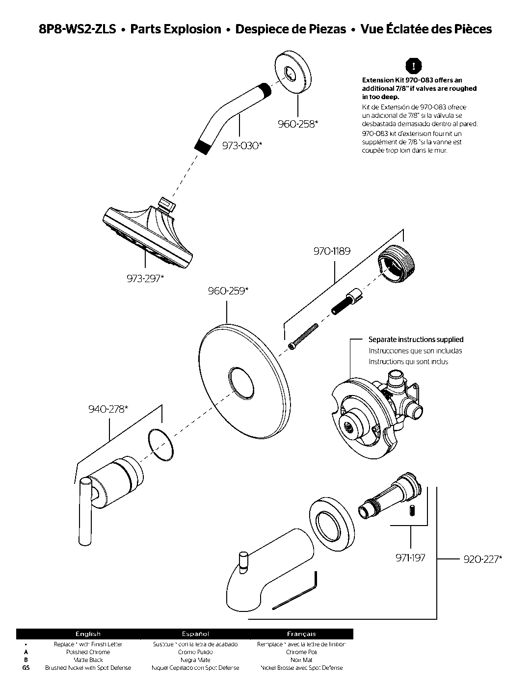 Zeelan 1-Handle Tub & Shower Trim Kit parts diagram