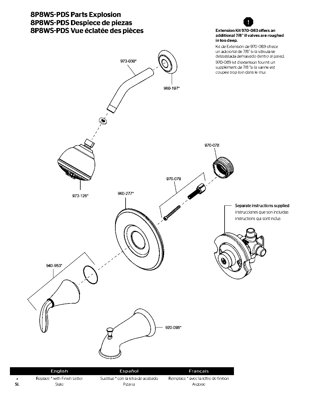 Pasadena 1-Handle Tub & Shower Trim with Valve parts diagram