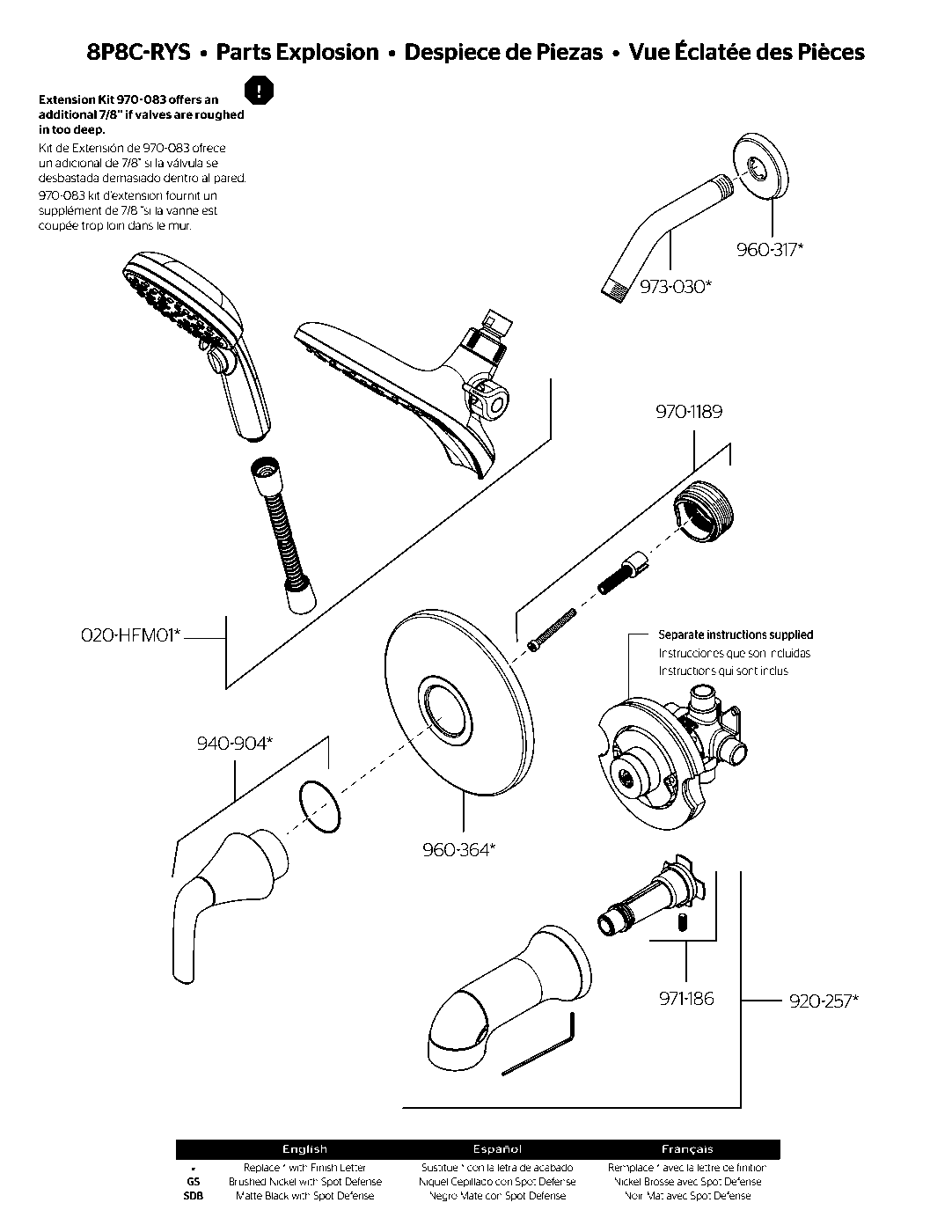 Raya 1-Handle Tub & Shower Trim parts diagram