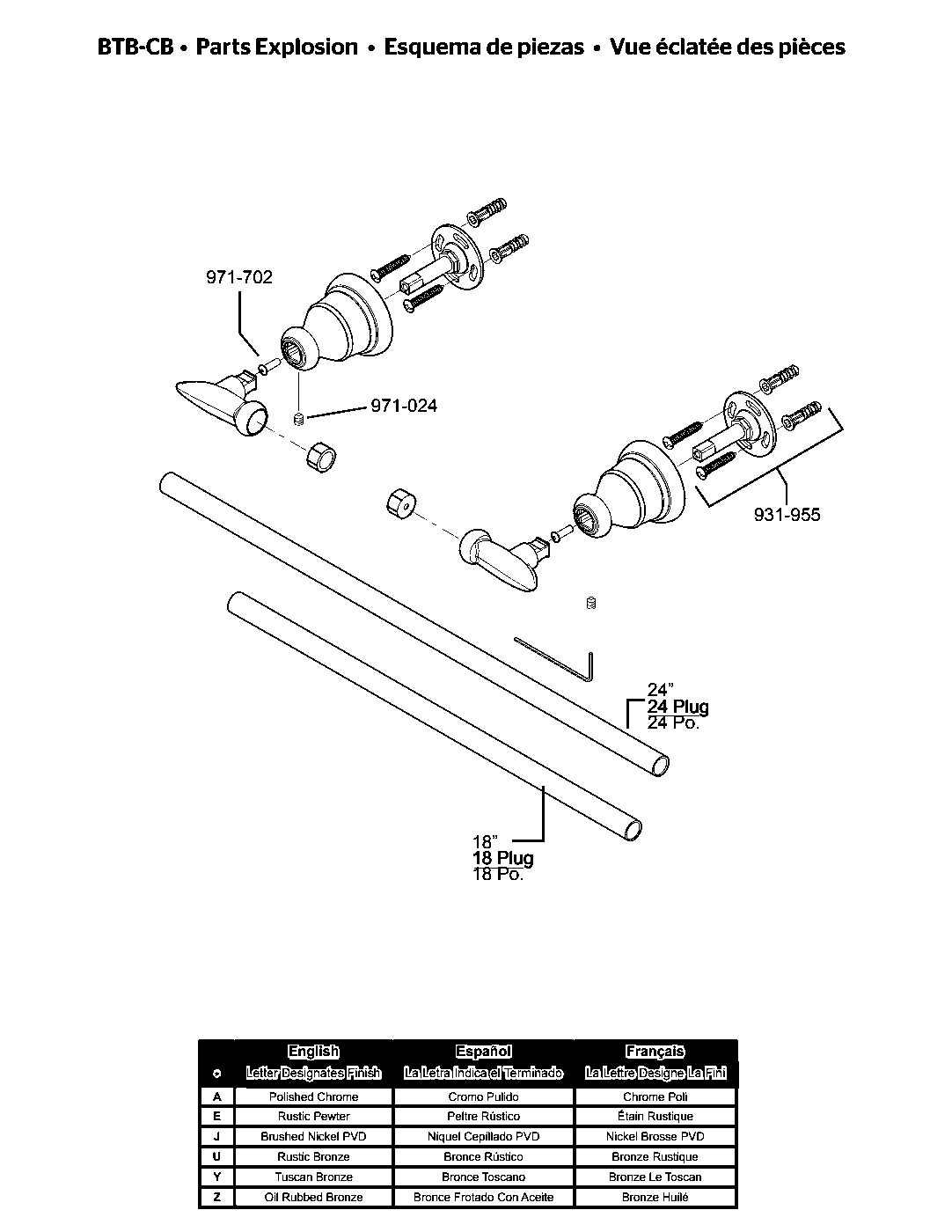 Avalon 24" Towel Bar exploded parts diagram