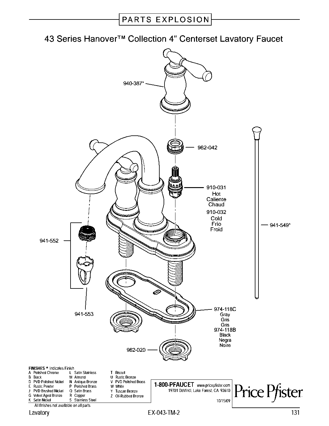 Hanover 2-Handle 4" Centerset Bathroom Faucet parts diagram